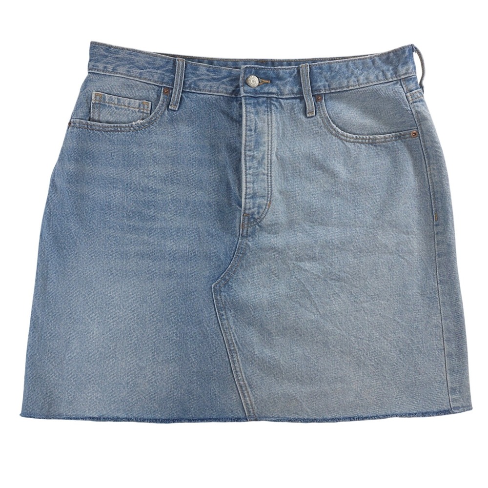 Old Navy Women 14 Blue Denim‎ Mini Skirt Button Fly Raw Hem Distressed